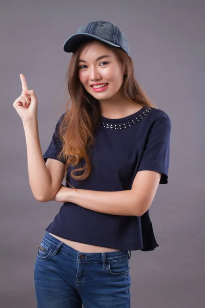 Confident Girl Happy Woman Pointing Gesture Portrait Confident Happy Successful — Stock Photo, Image