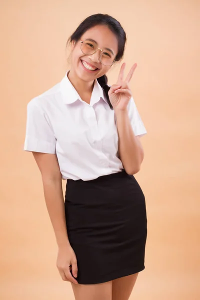 Asian Thai College Woman Nerd Student Uniform Happy Smiling Asian — Stock Photo, Image