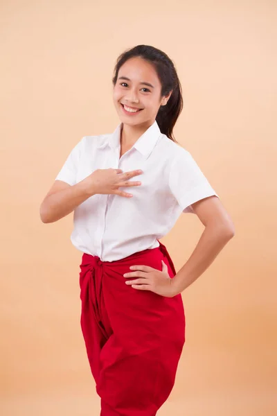 Thai Performance Art Woman Dancer Student Dancing Traditional Red Loincloth — Stock Photo, Image