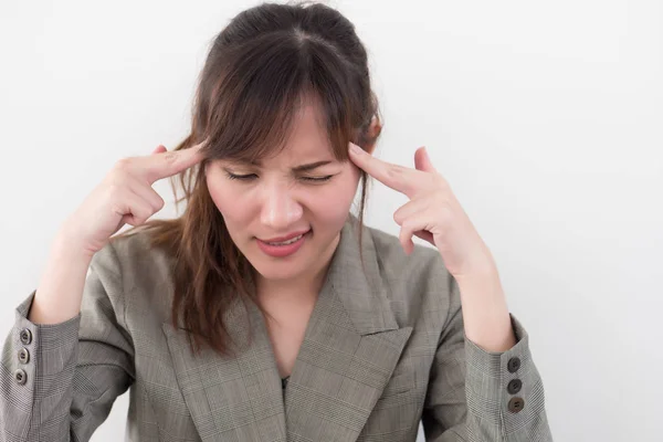 Porträtt Stressade Sjuk Kvinna Med Huvudvärk Sjuk Kvinna Lider Svindel — Stockfoto