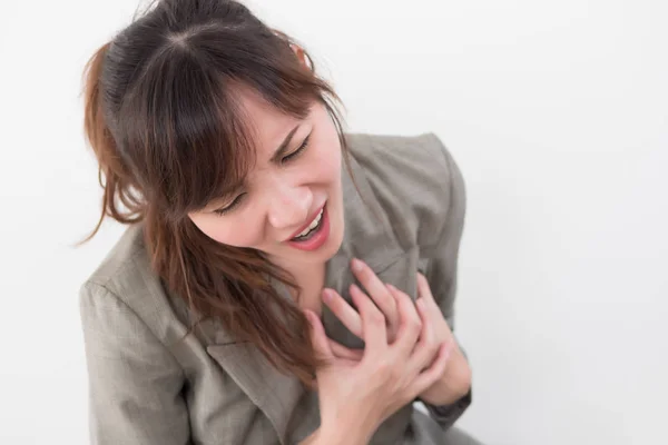 Vrouw Met Plotselinge Hartaanval Zieke Vrouw Lijdt Aan Acuut Hartinfarct — Stockfoto