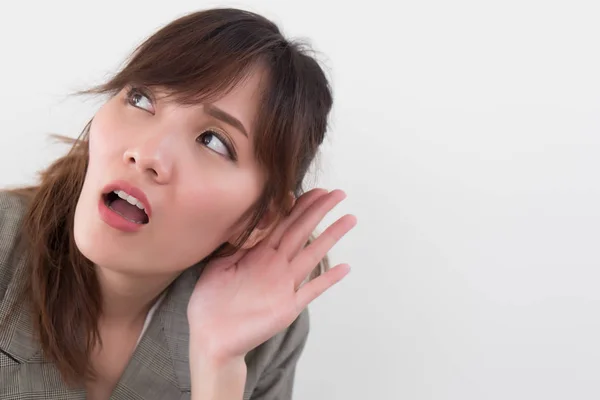 Asian Woman Hard Hearing Portrait Woman Listening Hearsay Rumor Gossip — Stock Photo, Image