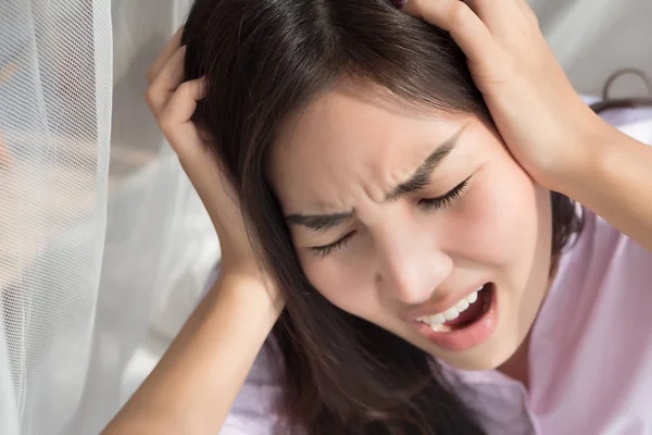 Portrait Stressed Sick Woman Headache Depressed Woman Suffers Vertigo Dizziness — Stock Photo, Image