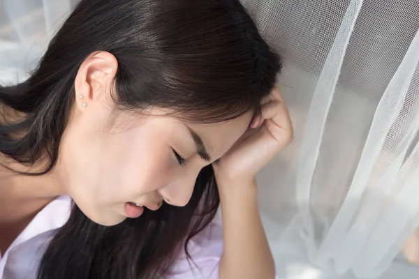 Portrait Stressed Sick Woman Headache Depressed Woman Suffers Vertigo Dizziness — Stock Photo, Image