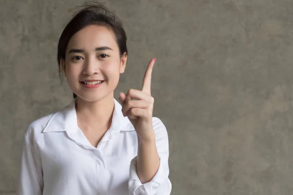 Asian Business Woman Pointing One Finger Portrait Positive Happy Smiling — Stock Photo, Image