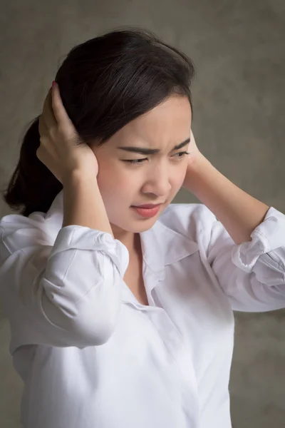 Stressed Woman Covering Closing Her Ear Hear Bad News Portrait — Stock Photo, Image