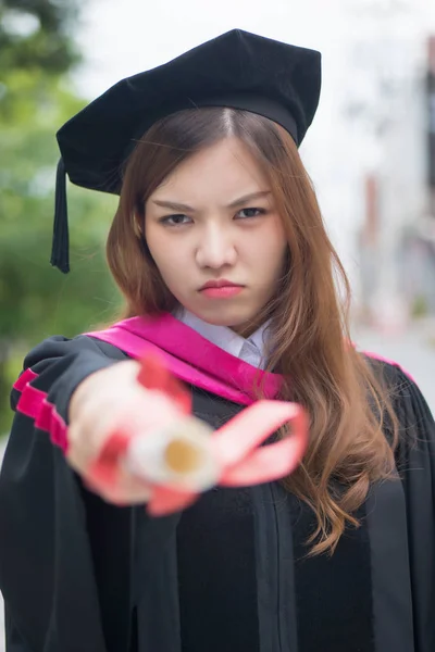 Serious Graduating Woman University Student Points Portrait Angry Serious College — Stock Photo, Image