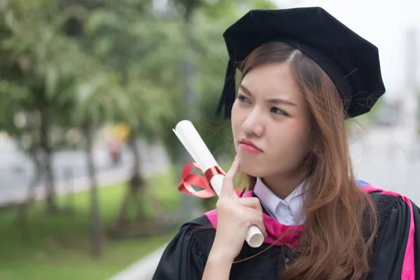 Serious Graduated Woman University Student Looks Points Portrait Diploma College — Stock Photo, Image