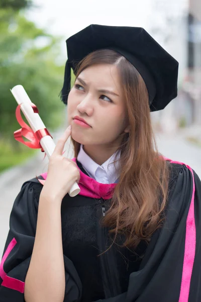 Serious Graduated Woman University Student Looks Points Portrait Diploma College — Stock Photo, Image