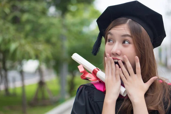Excited Graduated Woman University Student Looks Points Surprise Portrait Surprised — Stock Photo, Image