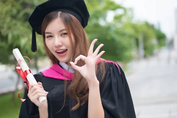 Happy Smiling Graduated Woman University Student Points Sign Portrait Smiling — Stock Photo, Image