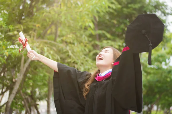Happy Successful Smiling Cheerful Woman University Student Graduating Portrait Diploma — Stock Photo, Image
