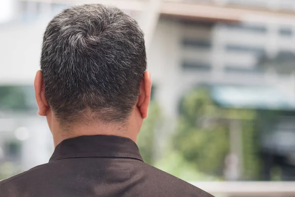 old asian senior man back head with grey hair; back, rear side head portrait of unhappy, aging, old asian senior man with gray hair, white hair or hair loss problem; asian old senior man model