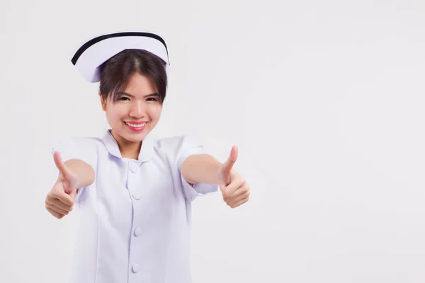 Asiático Enfermera Dando Pulgar Hacia Arriba Gesto Feliz Sonriente Enfermera — Foto de Stock