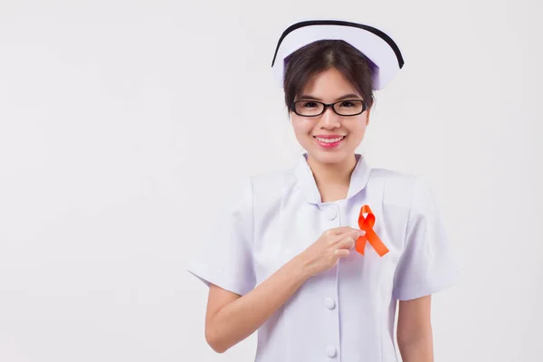 Mujer Enfermera Mano Sosteniendo Arco Cinta Naranja Adhd Leucemia Símbolo — Foto de Stock