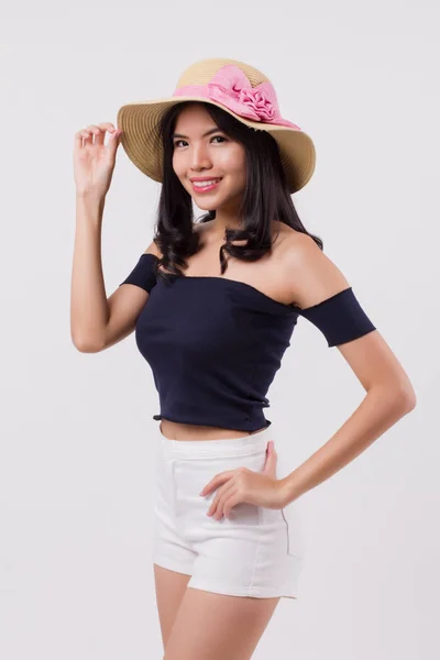 Happy Smiling Woman Wearing Summer Travel Hat Portrait Positive Optimistic — Stock Photo, Image