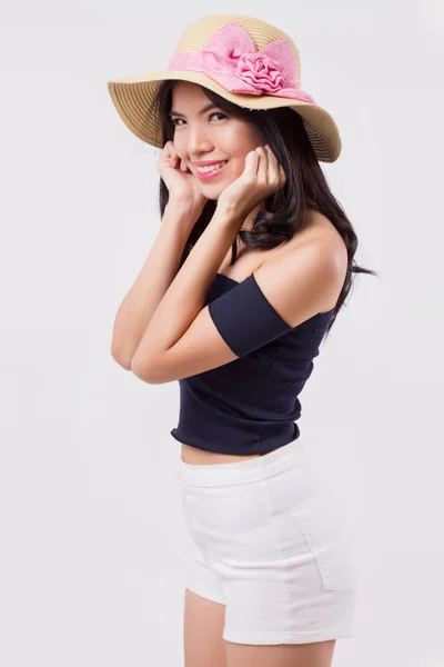 Happy Smiling Woman Wearing Summer Travel Hat Portrait Positive Optimistic — Stock Photo, Image