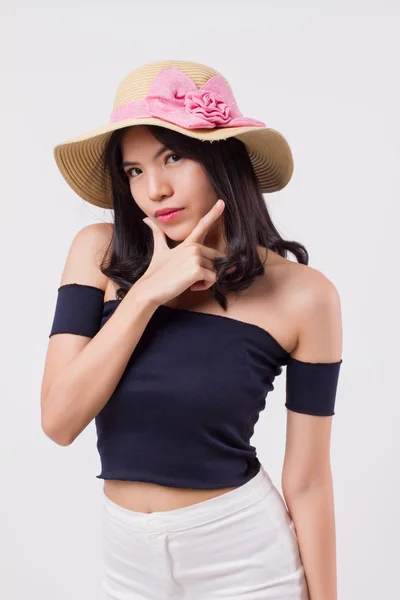 Happy Confident Woman Wearing Summer Travel Hat Portrait Positive Optimistic — Stock Photo, Image