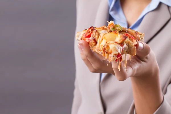Hand Asian Woman Holding Eating Pizza Portrait South East Asian — Stock Photo, Image
