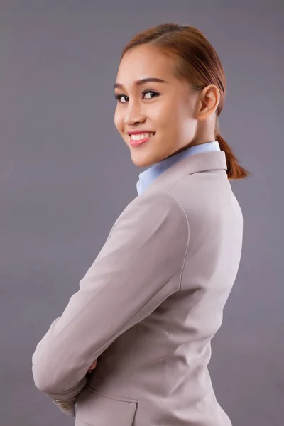 Feliz Sonriente Mujer Negocios Asiática Mirando Hacia Atrás Retrato Feliz —  Fotos de Stock