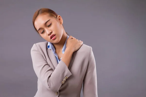 Mujer Con Dolor Hombro Cuello Retrato Mujer Asiática Que Sufre — Foto de Stock