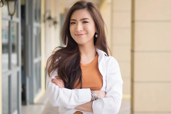 Happy Smiling Proud Asian Woman Portrait Smart Casual Girl Positive — Stock Photo, Image