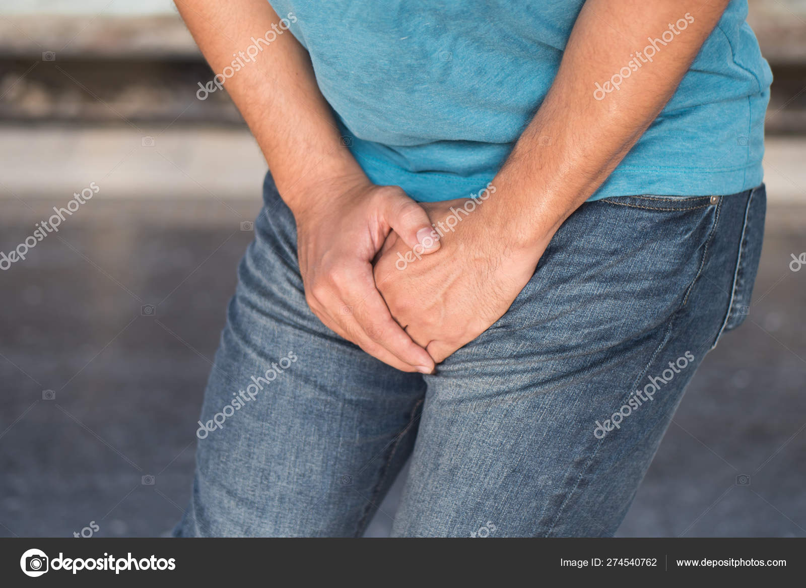Sick Man Holding His Genitalia Concept Pee Holding Lack Toilet Stock