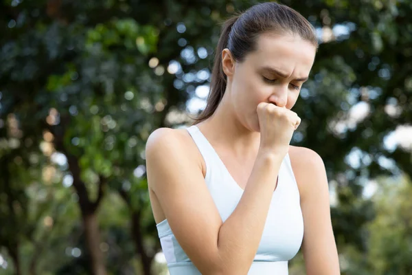 Sick Woman Coughing Sore Throat Sick Woman Cough Symptom Sore — Stock Photo, Image