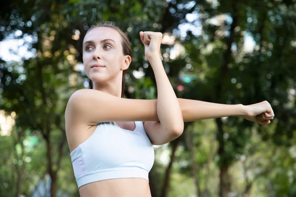 Femme Étirant Dans Entraînement Concept Auto Soins Soins Santé Soins — Photo