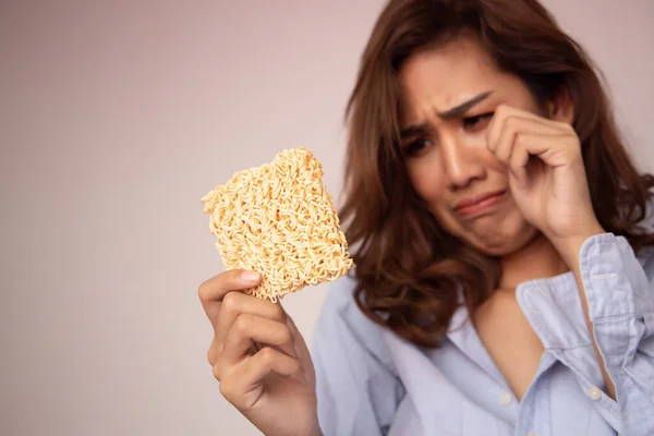 Unhappy Sad Girl Crying While Having Instant Noodle Concept Cheap — Stock Photo, Image