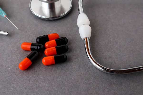 Medizinische Geräte Wie Stethoskop Spritze Medikamente Hintergrund Draufsicht Flache Lage — Stockfoto
