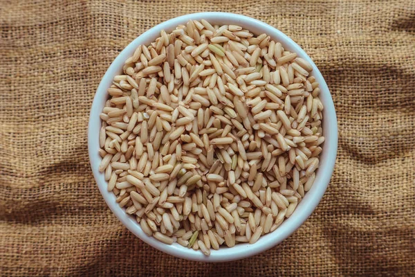 Raw Brown Rice Bowl Top View Food Background — Stock Photo, Image