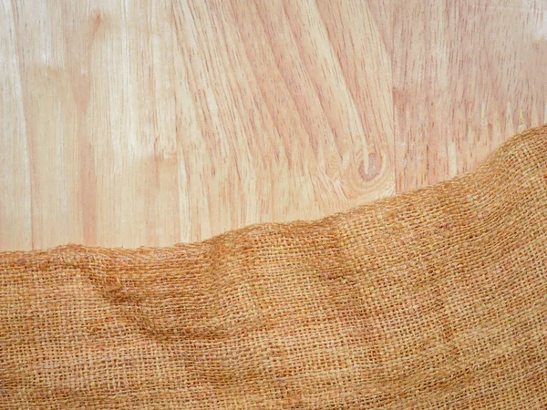 Textuur Achtergrond Houten Tafel Met Oude Rouwgewaad Jute Tafelkleed — Stockfoto