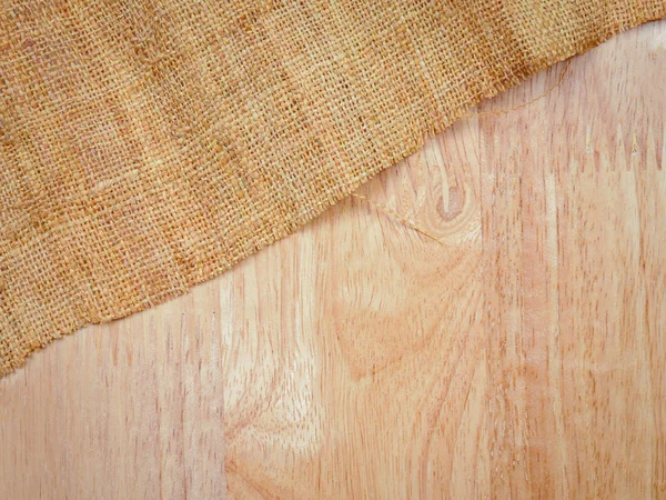 Textuur Achtergrond Houten Tafel Met Oude Rouwgewaad Jute Tafelkleed — Stockfoto