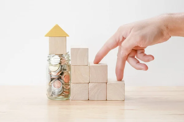 Ušetřete Peníze Investiční Hypotéka Koncepci Dřevěný Blok Domě — Stock fotografie