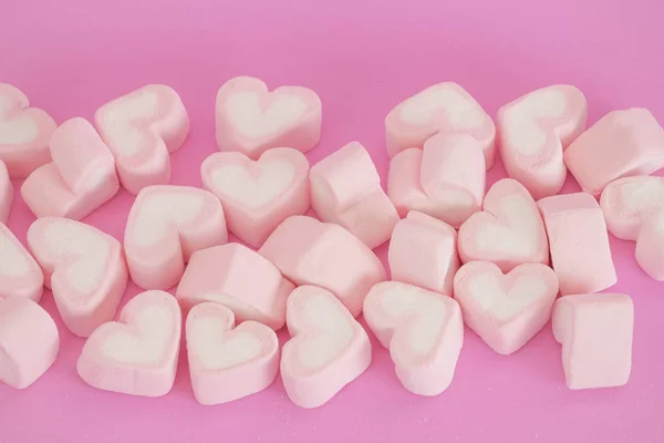 Rosa Escuchar Malvavisco Dulces Corazones Malvavisco Sobre Fondo Rosa Regalo — Foto de Stock