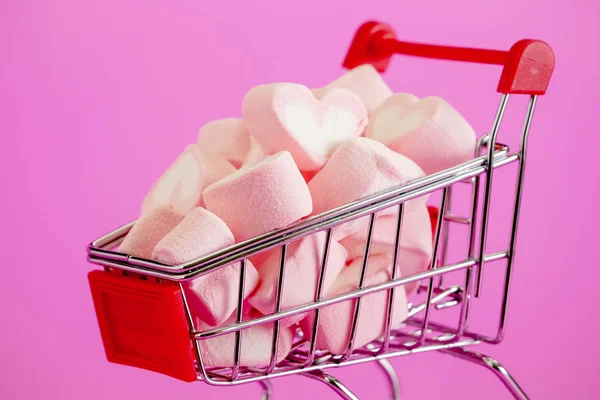Roze Horen Marshmallow Snoep Harten Van Marshmallow Roze Achtergrond Valentijnsdag — Stockfoto