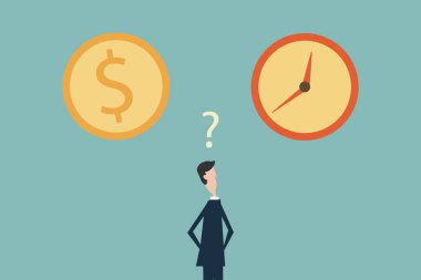 Zaman veya para arasında seçiminde karışık bir iş adamı. İş başarısı, sorun, risk, cesaret sembolü. Minimalist düz tasarım