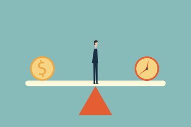 Zaman veya para arasında seçiminde karışık bir iş adamı. İş başarısı, sorun, risk, cesaret sembolü. Minimalist düz tasarım