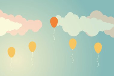 Minimalist retro tarzı. Kalabalık ve farklı kavram, diğer balonları uzak uçan bir balon öne