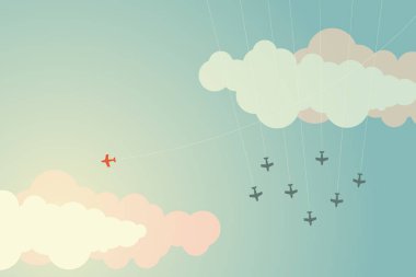 Minimalist tarzı kırmızı uçak yönünü ve olanlar değiştirme. Yeni fikir, değişiklik, eğilim, cesaret, yaratıcı çözüm, iş, yenilik ve benzersiz bir şekilde kavramı