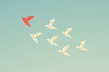 vektör İş Finans liderlik kavramı kırmızı origami kağıt kuş beyaz arasında lider. Sembol liderlik, strateji, misyonu, hedefleri