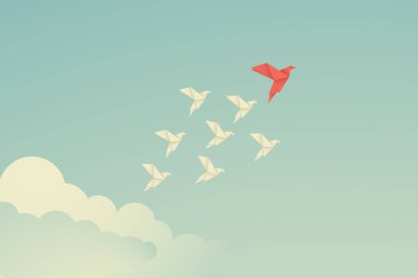 vektör İş Finans liderlik kavramı kırmızı origami kağıt kuş beyaz arasında lider. Sembol liderlik, strateji, misyonu, hedefleri