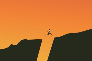 Minimalist stile. işletme finansı vektör. uçurum vektör kavram üzerinde atlama iş adamı. İş başarısı, sorun, risk, cesaret sembolü