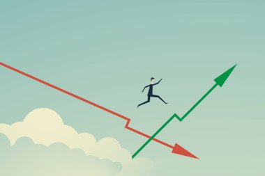 Minimalist tarzı. işletme finansı vektör. O doğru karar ve doğru zamanda iş kavramı şeklini değiştirmek için seçme olarak büyüyen yeşil grafik üzerinde işadamı atlama