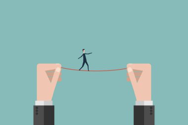 Minimalist tarzı. işletme finansı vektör. iş adamı risk ve tehlike yukarıda bir cambaz ip yürür, işadamı dengeler sembolü liderlik, strateji, misyonu, hedefleri