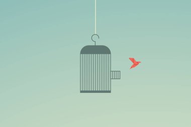 Minimalist stile. işletme finansı vektör. Uçan Kuş ve kafes özgürlük kavramı. Duygu özgürlük ve mutluluk