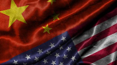 Çin ve Amerika Birleşik Devletleri iki bayraklar tekstil kumaş, kumaş doku arka plan