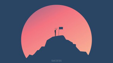 Businessman Character Hoisted  Flag on Mountain Top. Business man on Peak of Success. Leadership, Winner, Challenge Goal Achievement, Successful Manager clipart