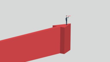 Minimalist stil. Vektör işleri finansmanı. İş adamı ve teleskop ikonu, sembol liderliği, strateji, görev, hedefler ile başarılı bir vizyon kavramı.